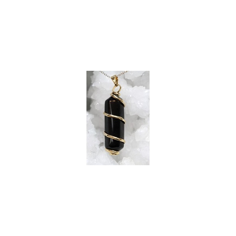 Obsidiana negra colgante doble punta espiral dorada