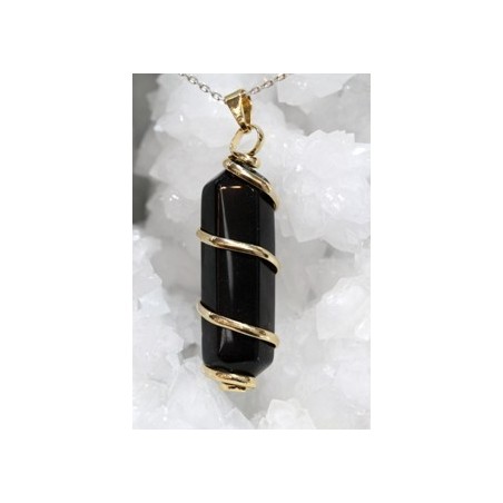 Obsidiana negra colgante doble punta espiral dorada
