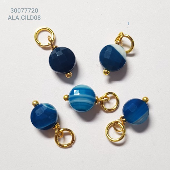 Colgante disco lapidado dorado mineral ágata listada azul