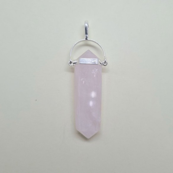 Colgante punta biterminada balancín en plateado de cuarzo rosa