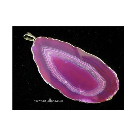 Colgante medallon dorada de agata listada fucsia
