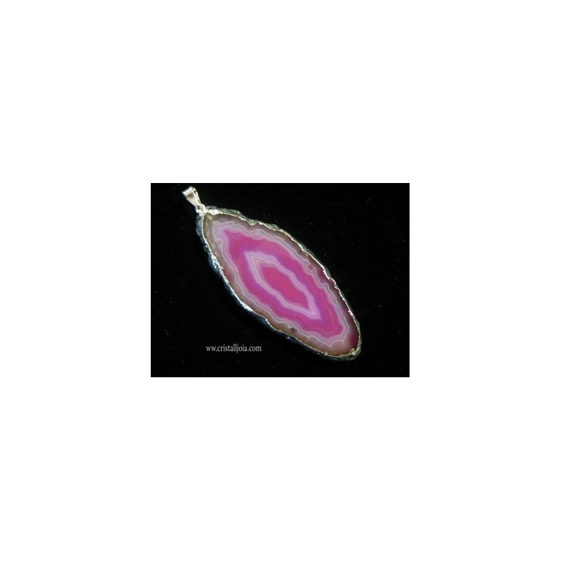 Colgante medallon plateado de agata listada fucsia n01