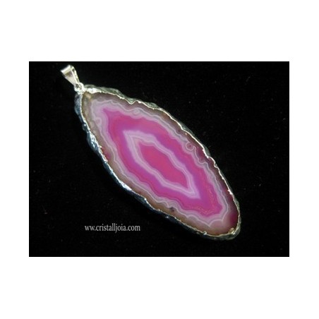Colgante medallon plateado de agata listada fucsia n01