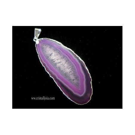 Colgante medallon plateado de agata listada fucsia n02