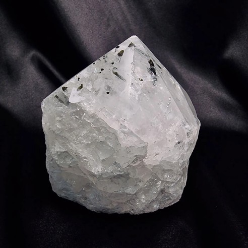 Polished quartz point with green tourmaline, pure harmony