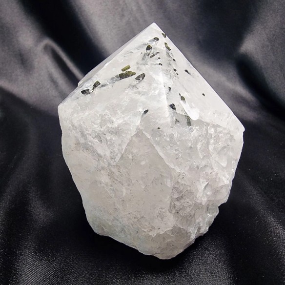 Polished quartz point with green tourmaline, pure harmony