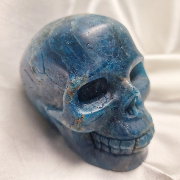 Figura de caveira de apatita azul. A caveira evoca memória